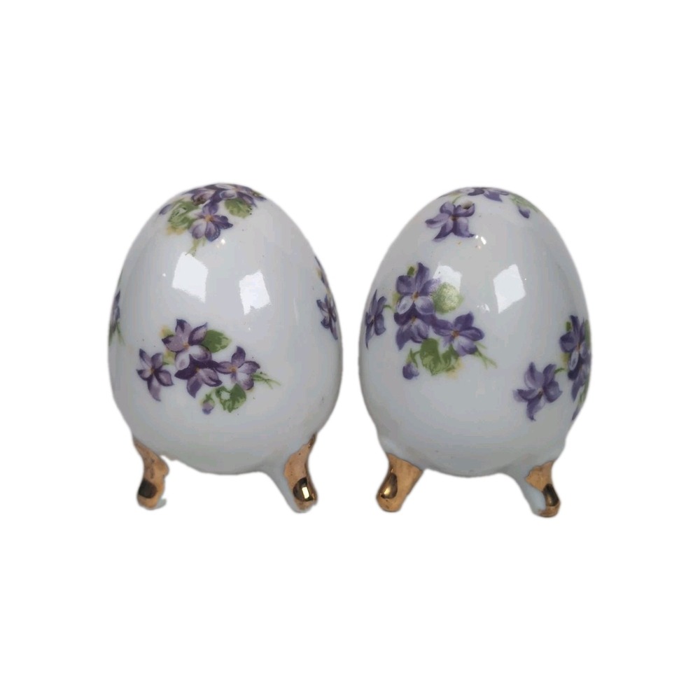 Vintage Enesco Egg Shaped Salt & Pepper Shakers Violets Flowers With Stickers 3"